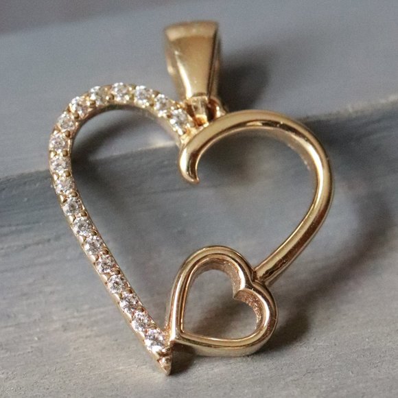 Real Gold 18K Yellow Gold Double Open Heart with CZ Stones Pendant Fine Jewelry